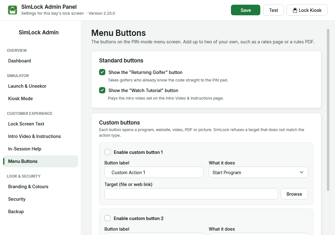 Admin panel, Menu Buttons page