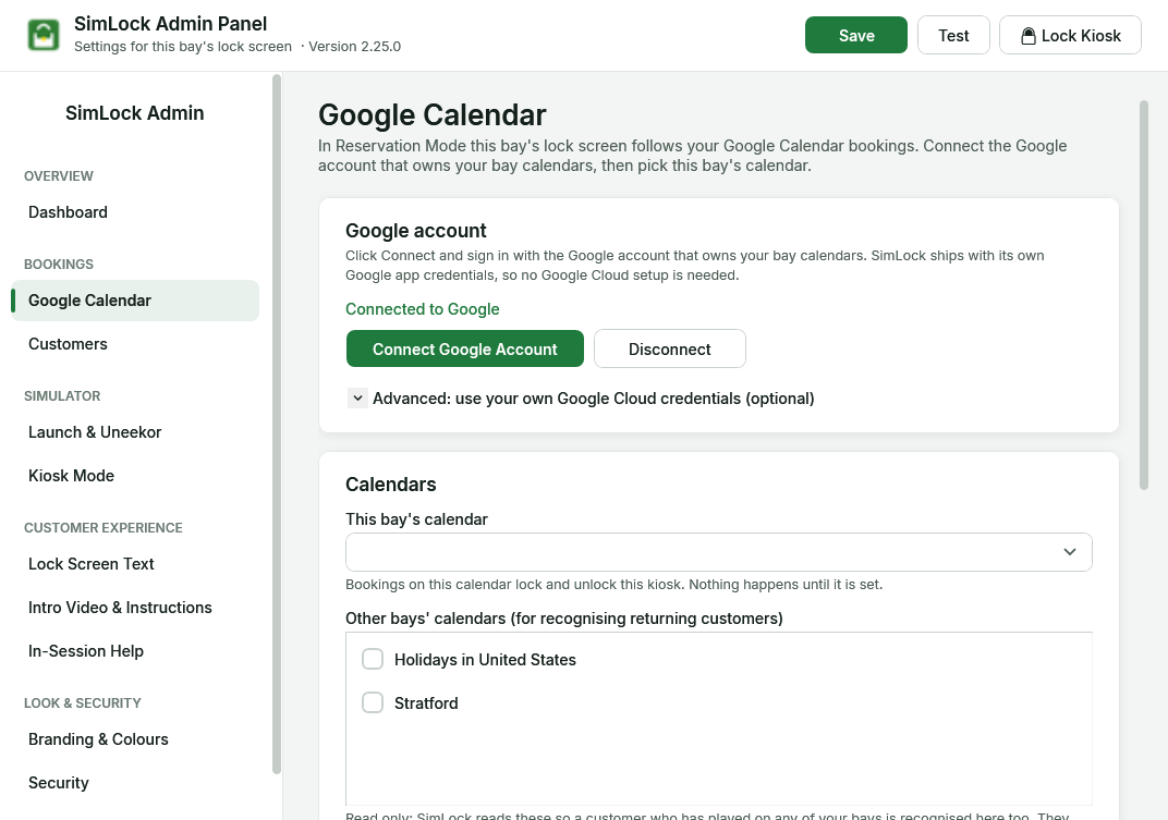 Admin panel, Google Calendar page