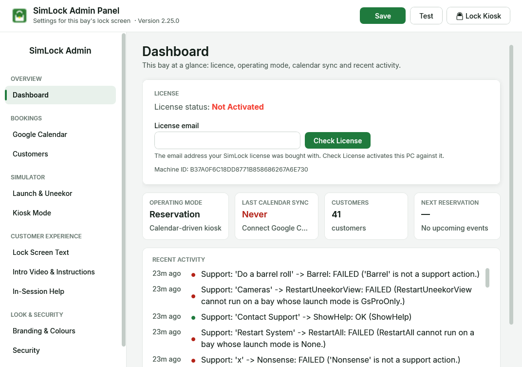 SimLock Admin dashboard with license, calendar and next-reservation cards and a recent activity list