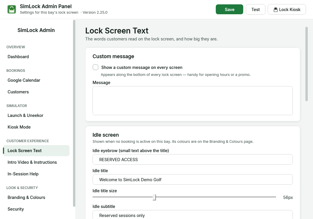 Admin panel, Lock Screen Text page in Reservation Mode