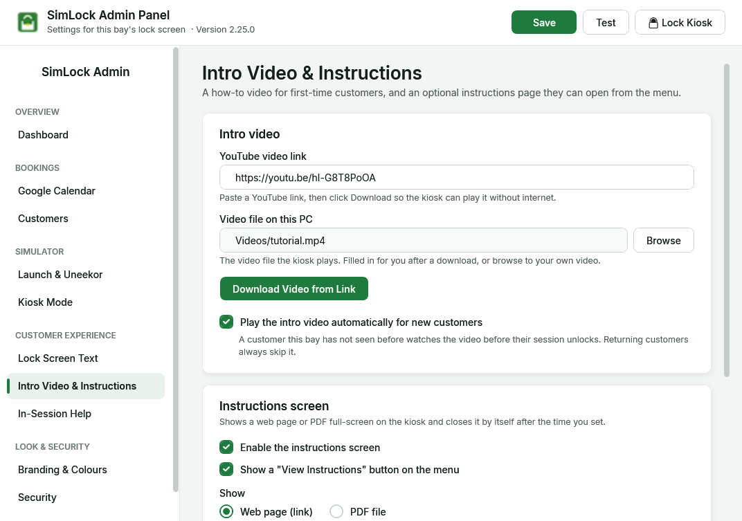 Admin panel, Intro Video & Instructions page