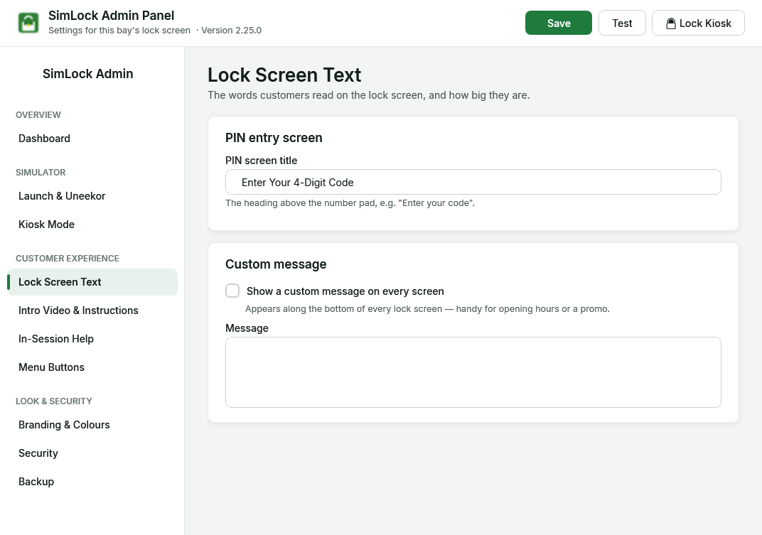 Admin panel, Lock Screen Text page in PIN mode