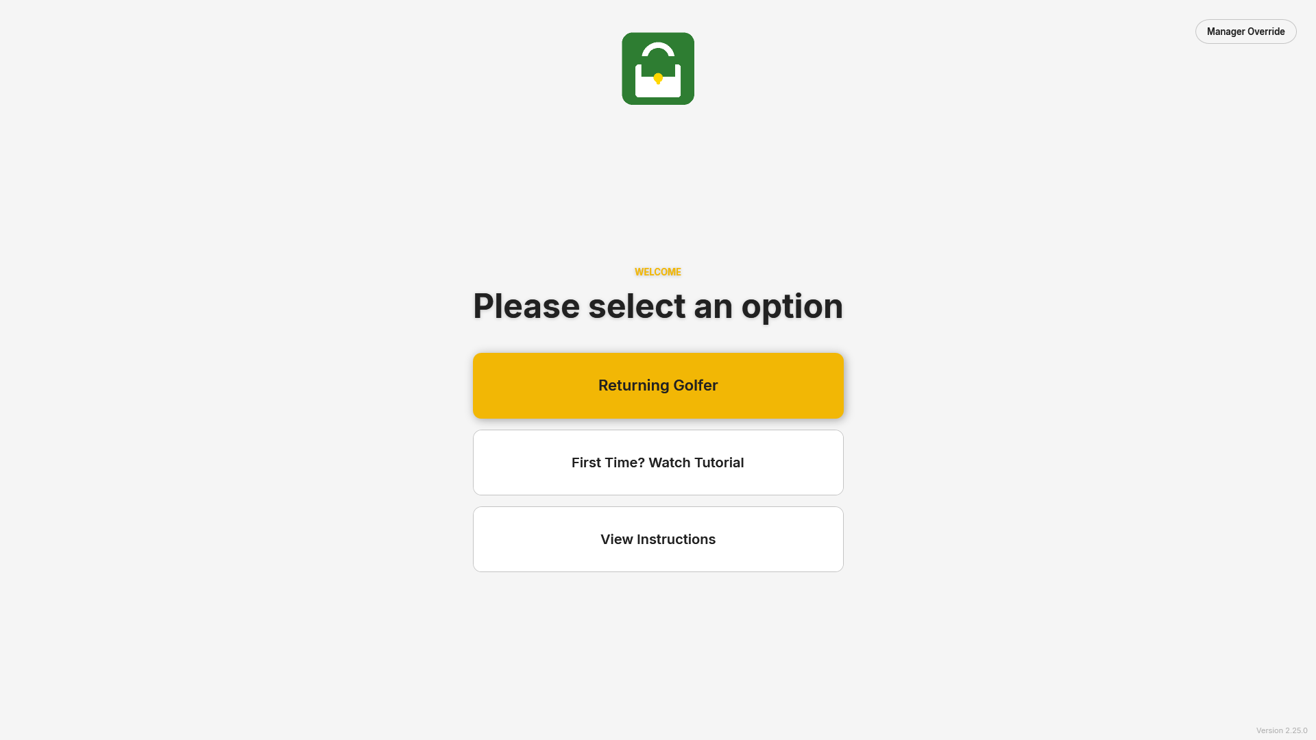 Main menu with Returning Golfer, Tutorial and Instructions buttons