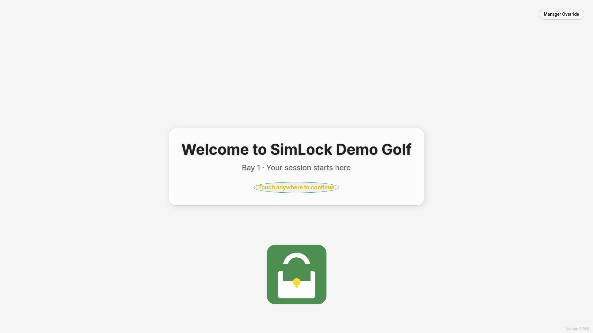 SimLock lock screen showing a facility welcome title, logo and a Tap to start button