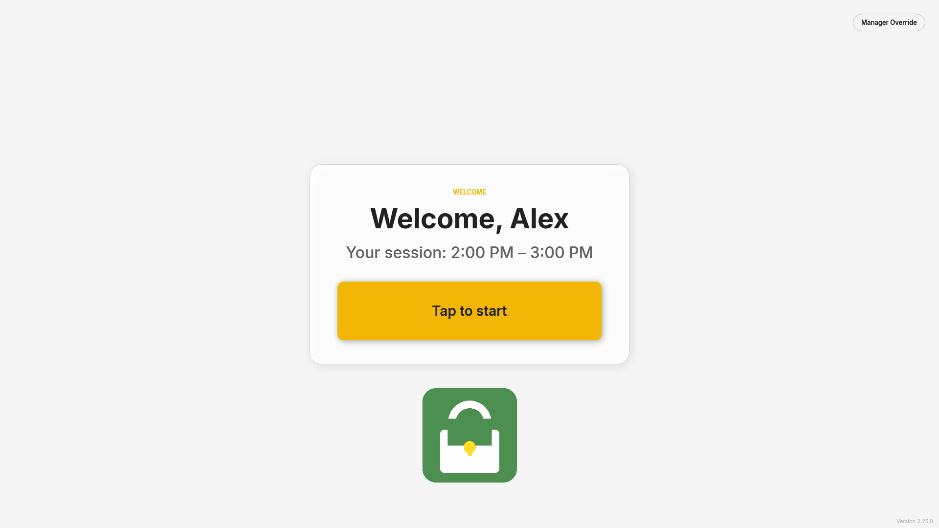 Welcome screen greeting a booked golfer by first name with their session time and a Tap to start button